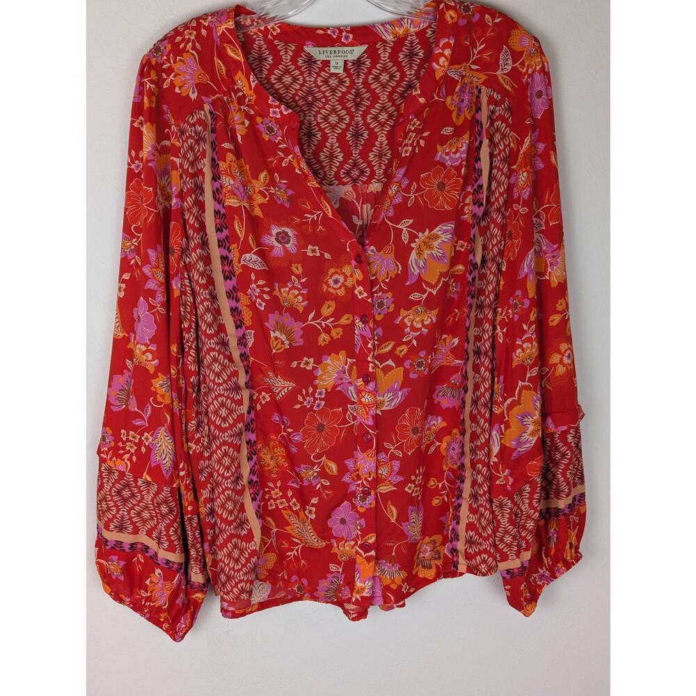 Liverpool Los Angeles 1X Red Boho Floral Long Sleeve Viscose Popover Top EUC